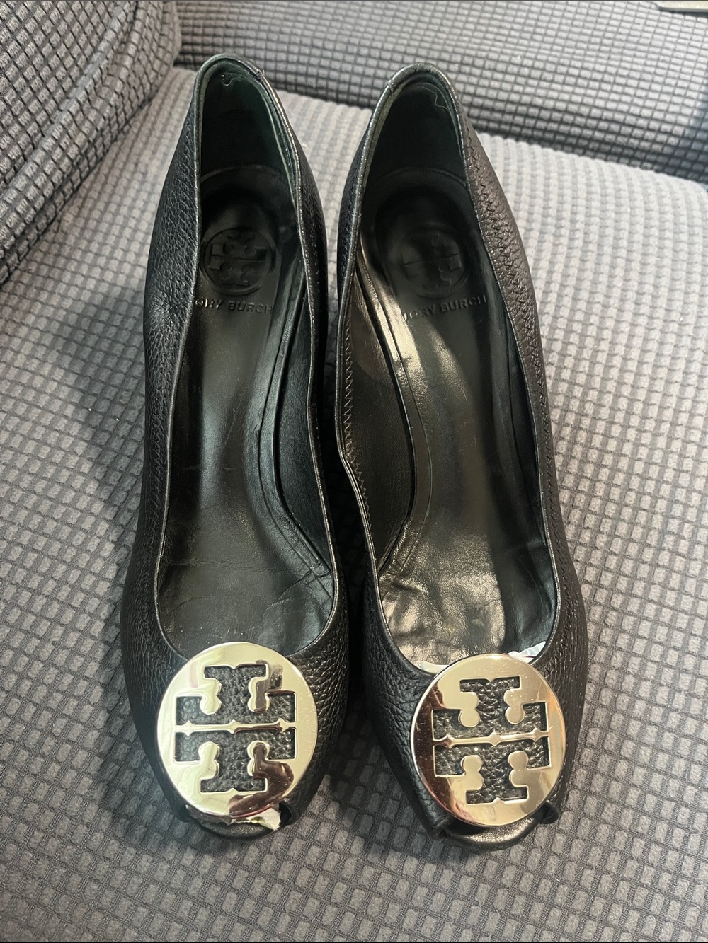 Tory Burch Black Leather Heels with silver  Logo Medallion